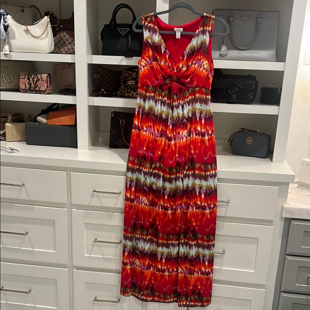 Chico's Red and White Pleated Maxi Sundress